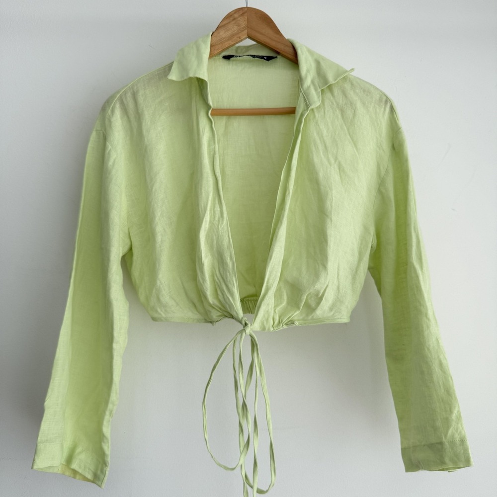 Zara Top Womens XS Green Linen Cropped Tie Front Collared Long Sleeve Blouse